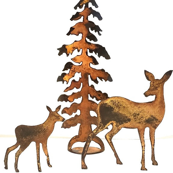 Rusted Metal Deer Family w/Tree