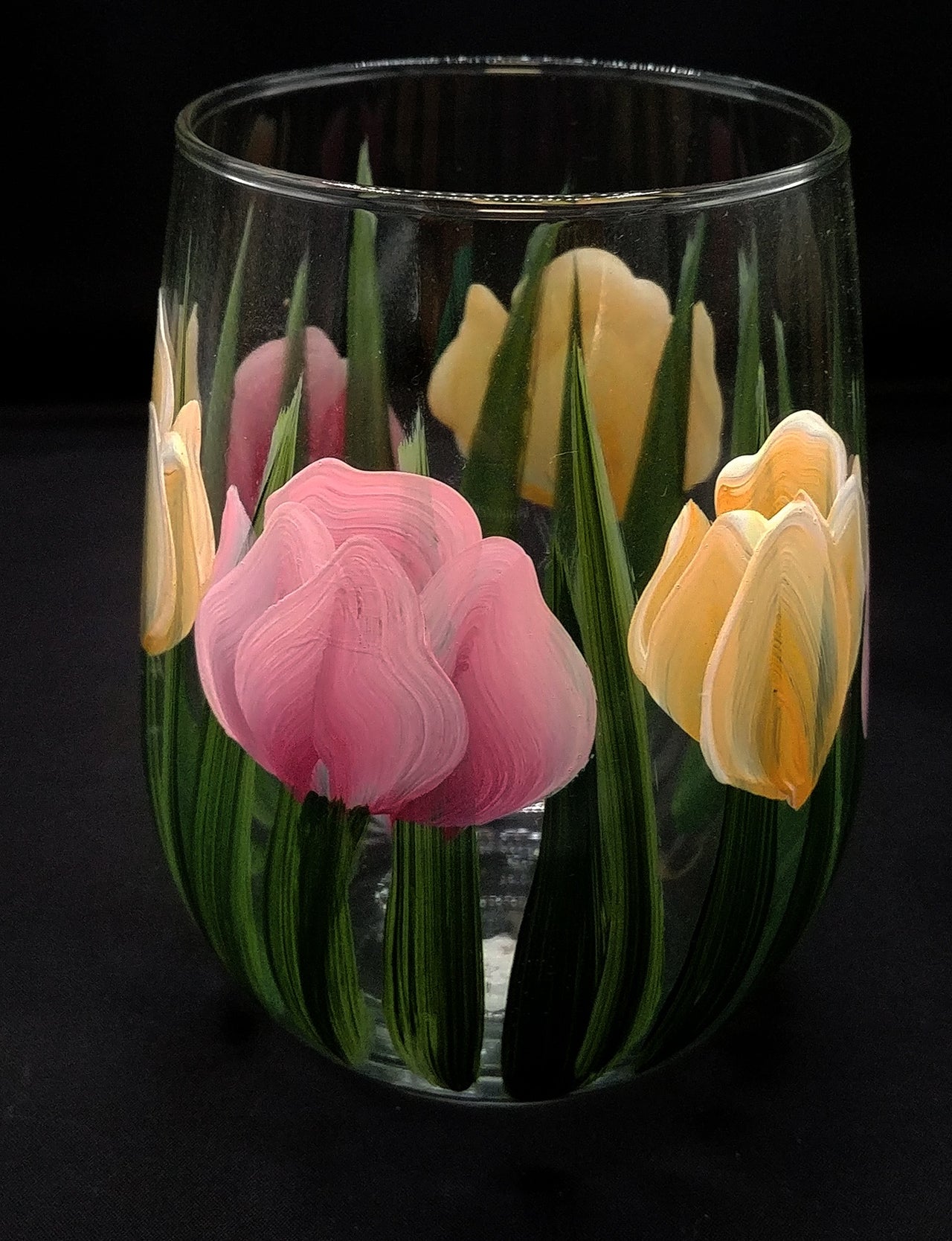 Stemless Wine Glasses - Pink Yellow Tulips
