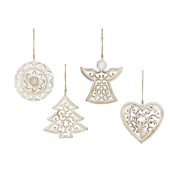 Carved Wood Ornaments - Distressed White
