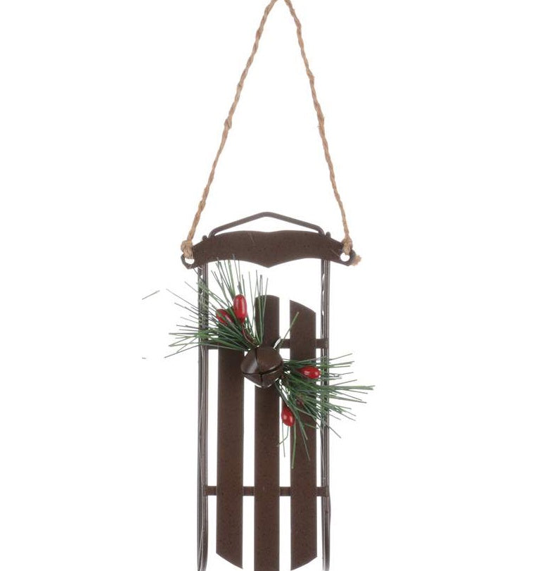 Metal Sled Ornament - Brown or White w/greenery and berries