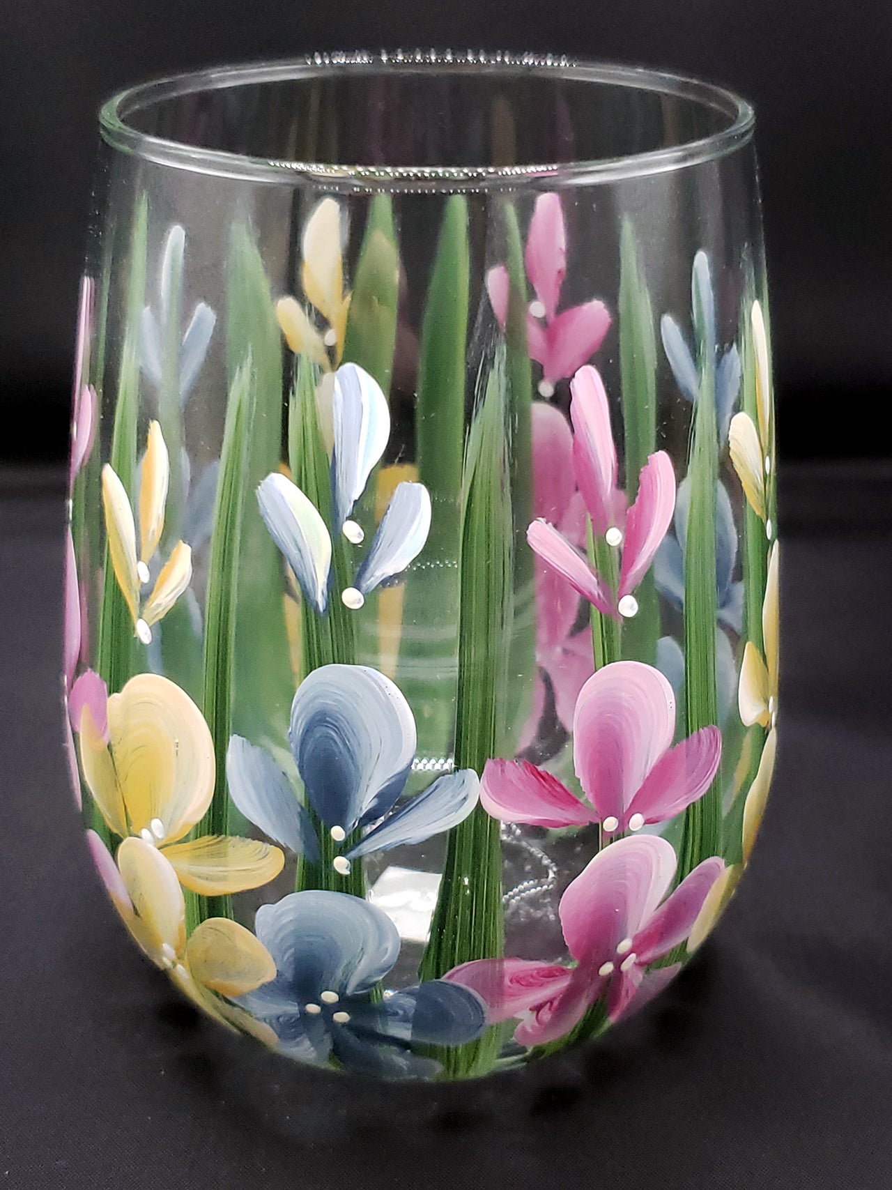 Stemless Wine Glasses - Wildflowers Blue Yellow Pink