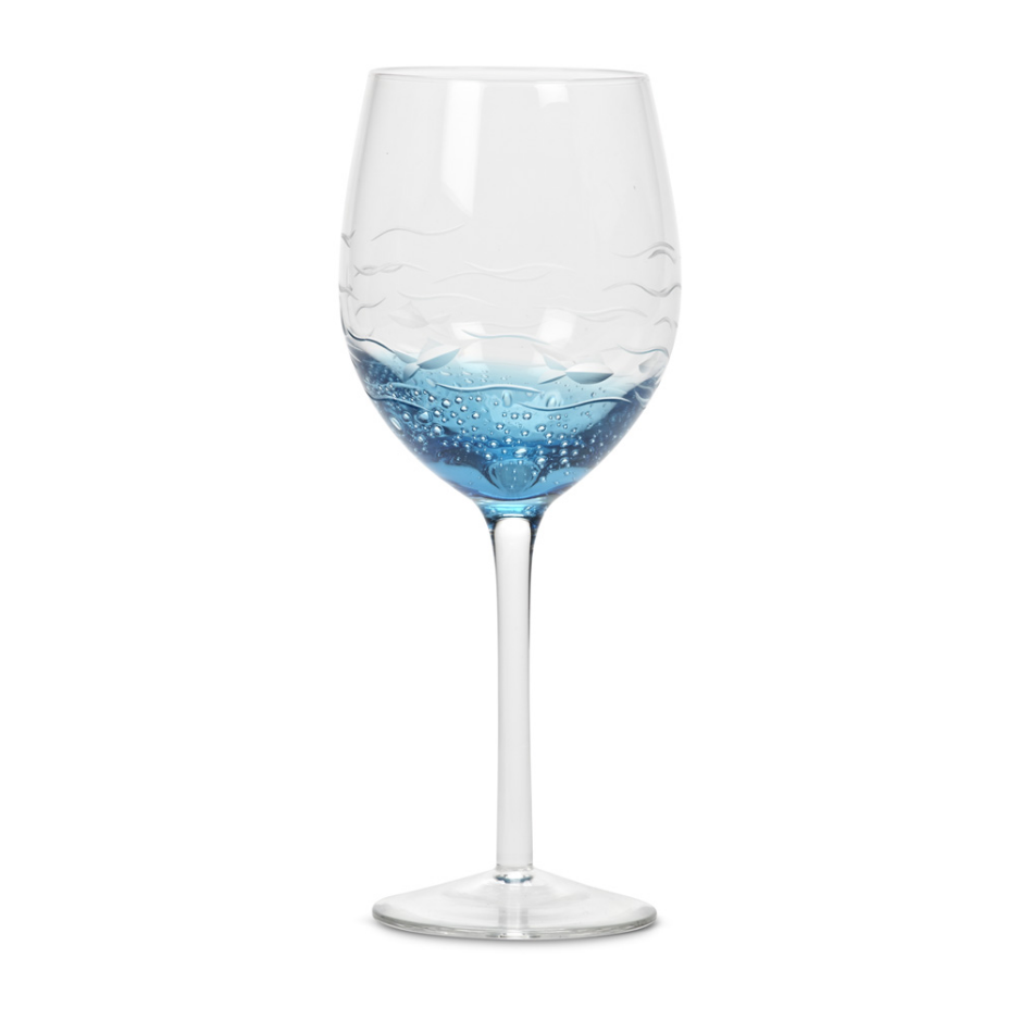 Wine Glass - Sardinia Blue Bubbles and etched waves/fish